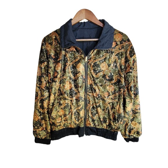 VTG Chili Pepper Gold Stars Velvet‎ Green Windbreaker Jacket Reversible Small - Picture 7 of 9